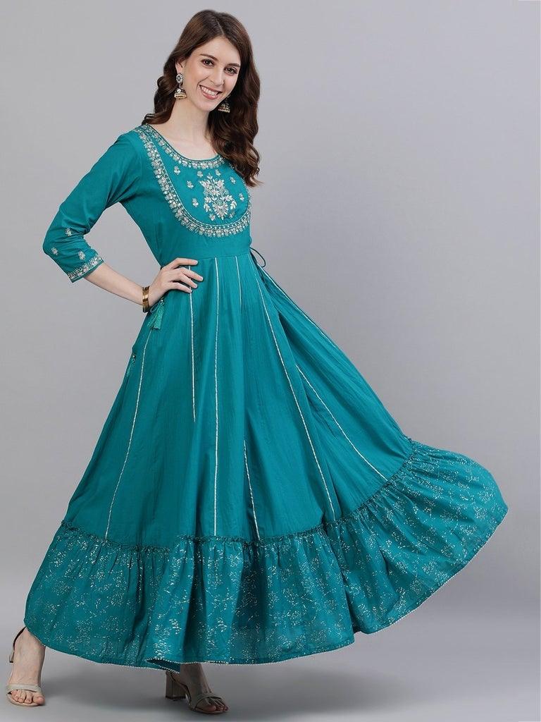 Women's Teal Zari Embellished Anarkali Kurta - Ishin - Indiakreations