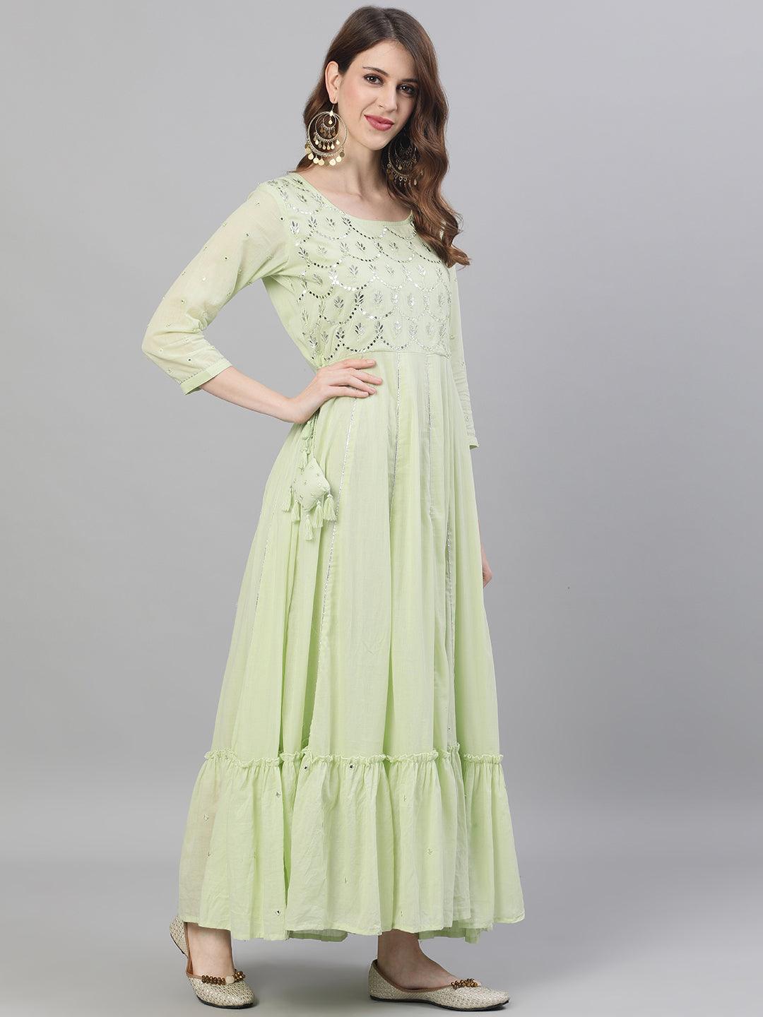 Women's Cotton Pista Green Gota Patti Embroidered Anarkali Kurta - Ishin - Indiakreations