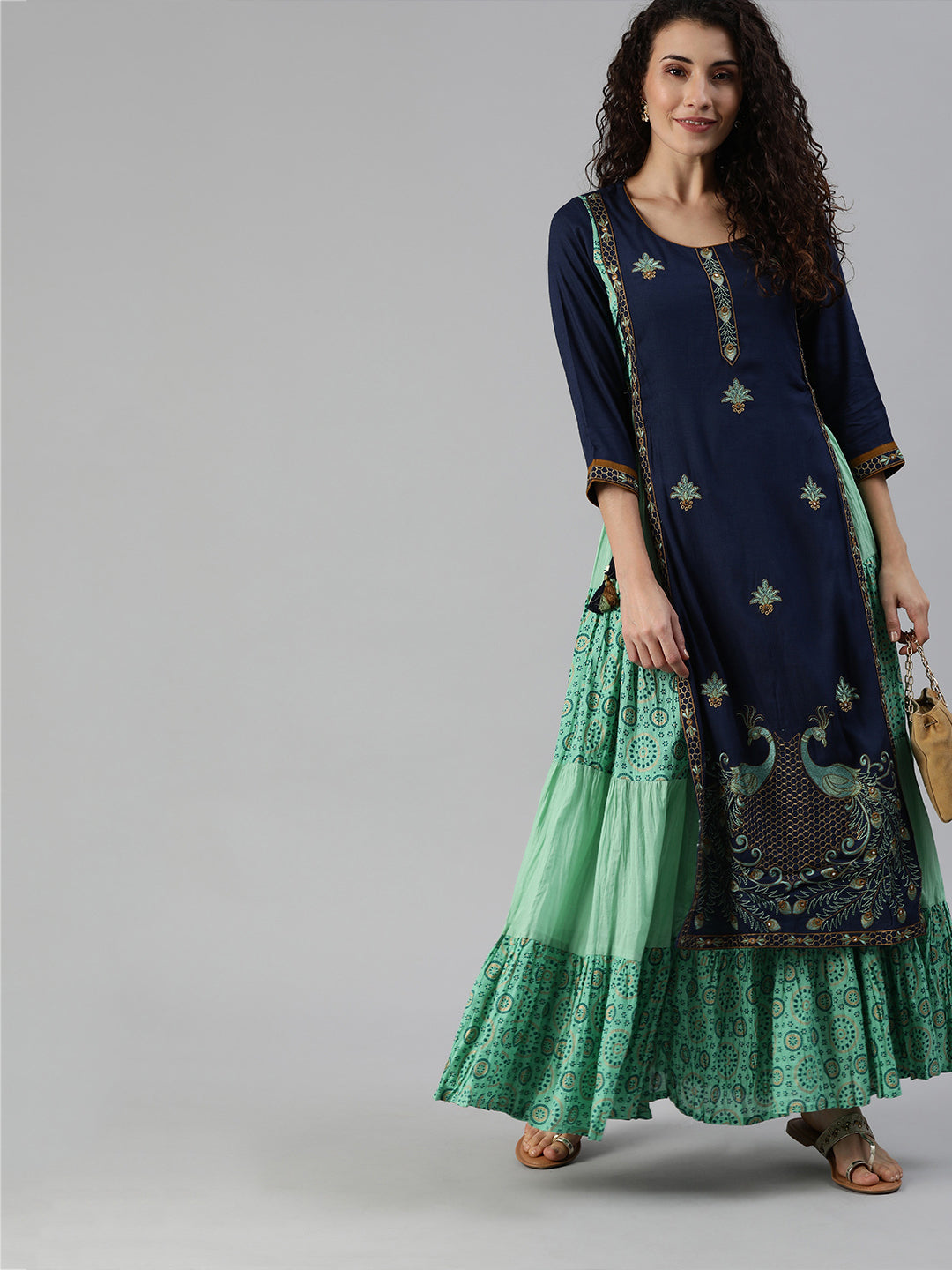 Women's  Blue & Sea Green Embroidered Layered A-Line Kurta With Tie-Up Detailing - Ishin