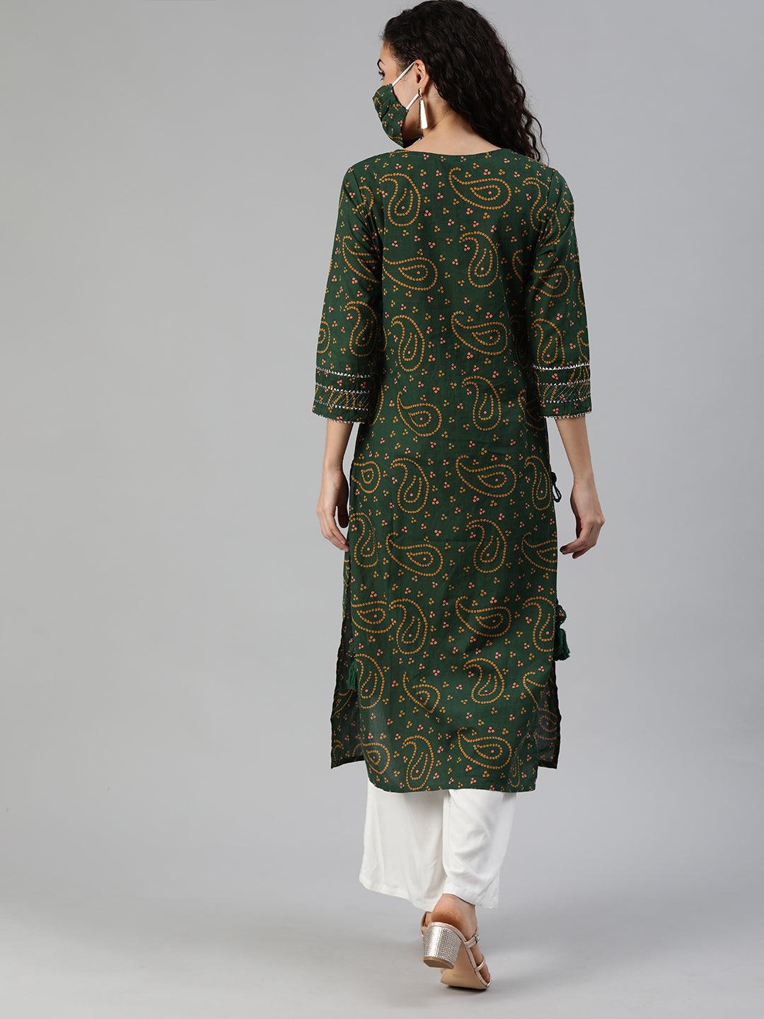 Women's Green Yoke Design Bandhani Straight Kurta - Ishin - Indiakreations