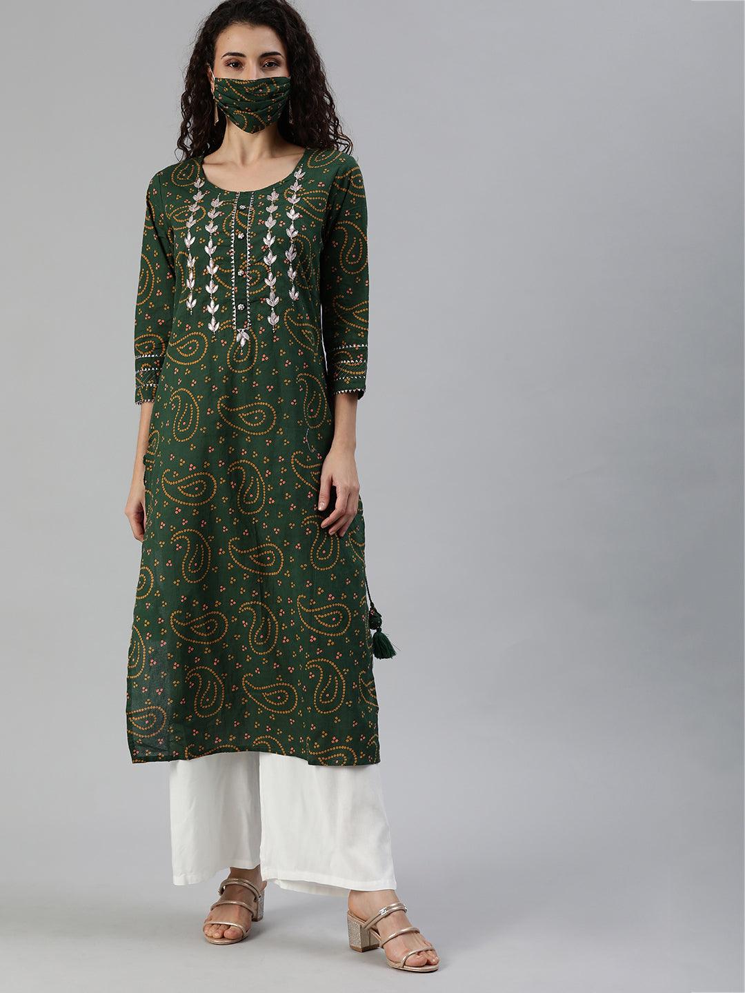 Women's Green Yoke Design Bandhani Straight Kurta - Ishin - Indiakreations