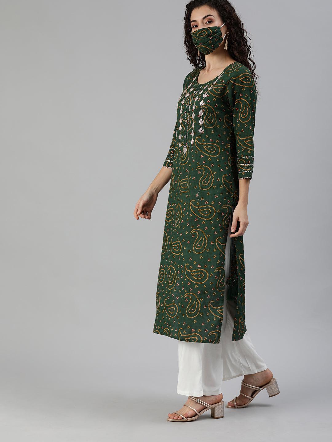 Women's Green Yoke Design Bandhani Straight Kurta - Ishin - Indiakreations