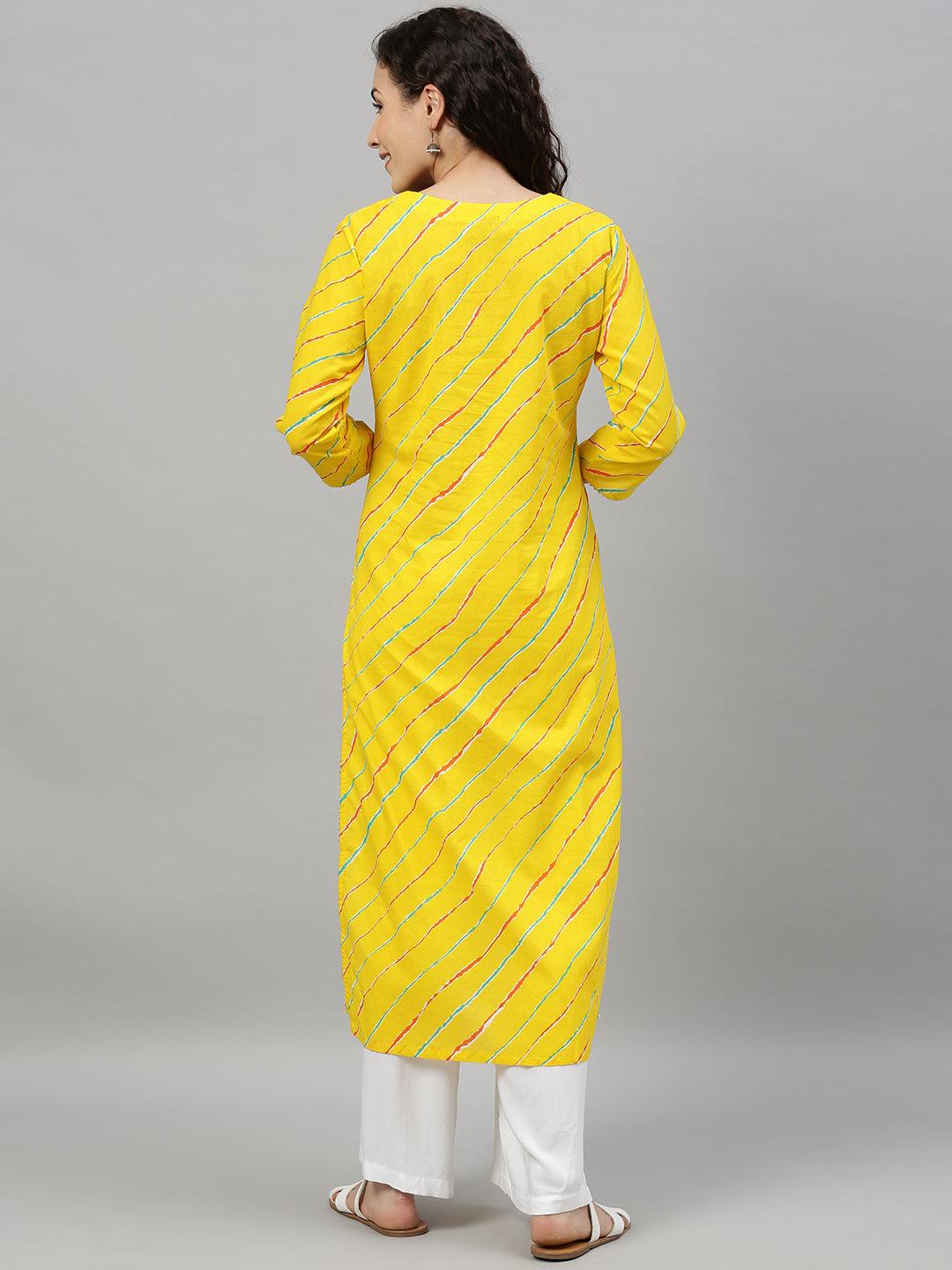 Women's Yellow Leheriya Print Embellished Straight Kurta - Ishin - Indiakreations