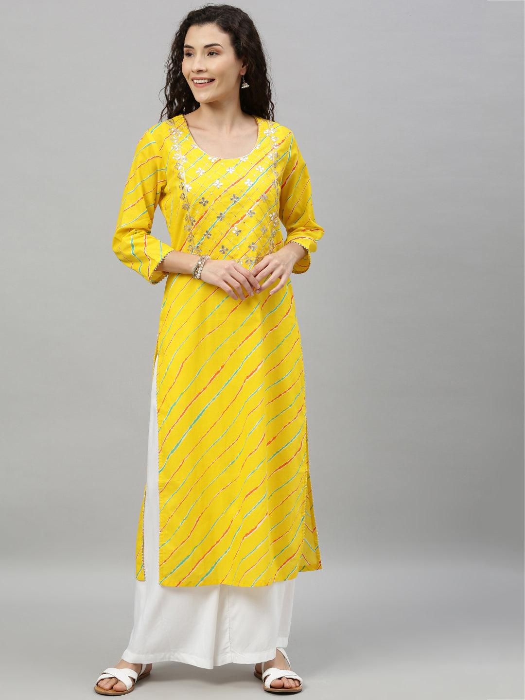 Women's Yellow Leheriya Print Embellished Straight Kurta - Ishin - Indiakreations