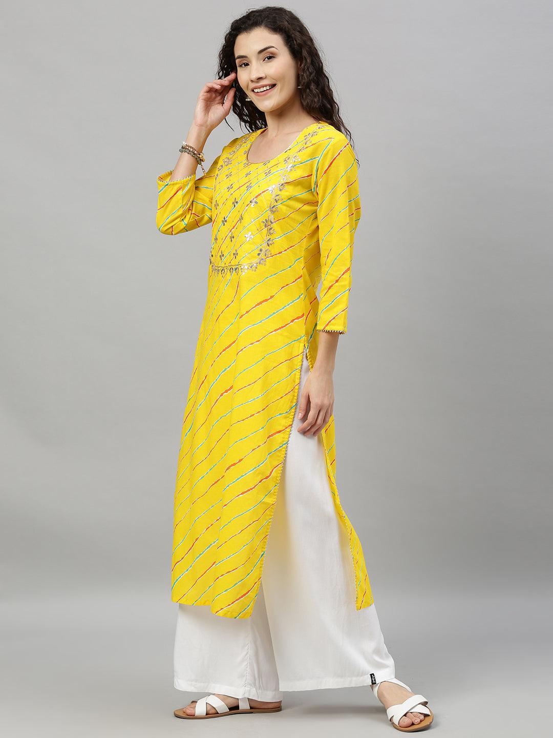 Women's Yellow Leheriya Print Embellished Straight Kurta - Ishin - Indiakreations