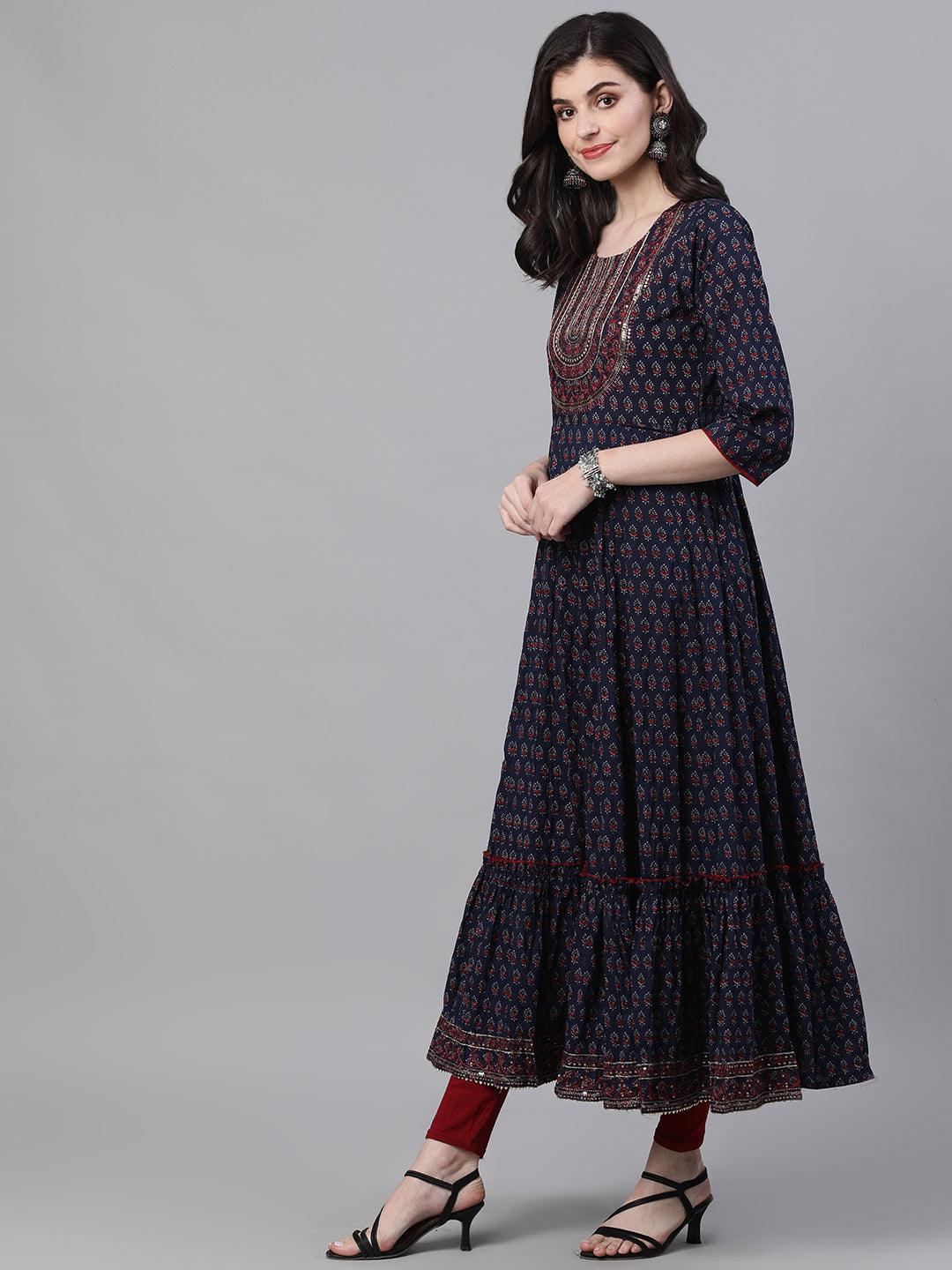 Women's Rayon Blue Yoke Design Embellished Anarkali Tiered Dress - Ishin - Indiakreations