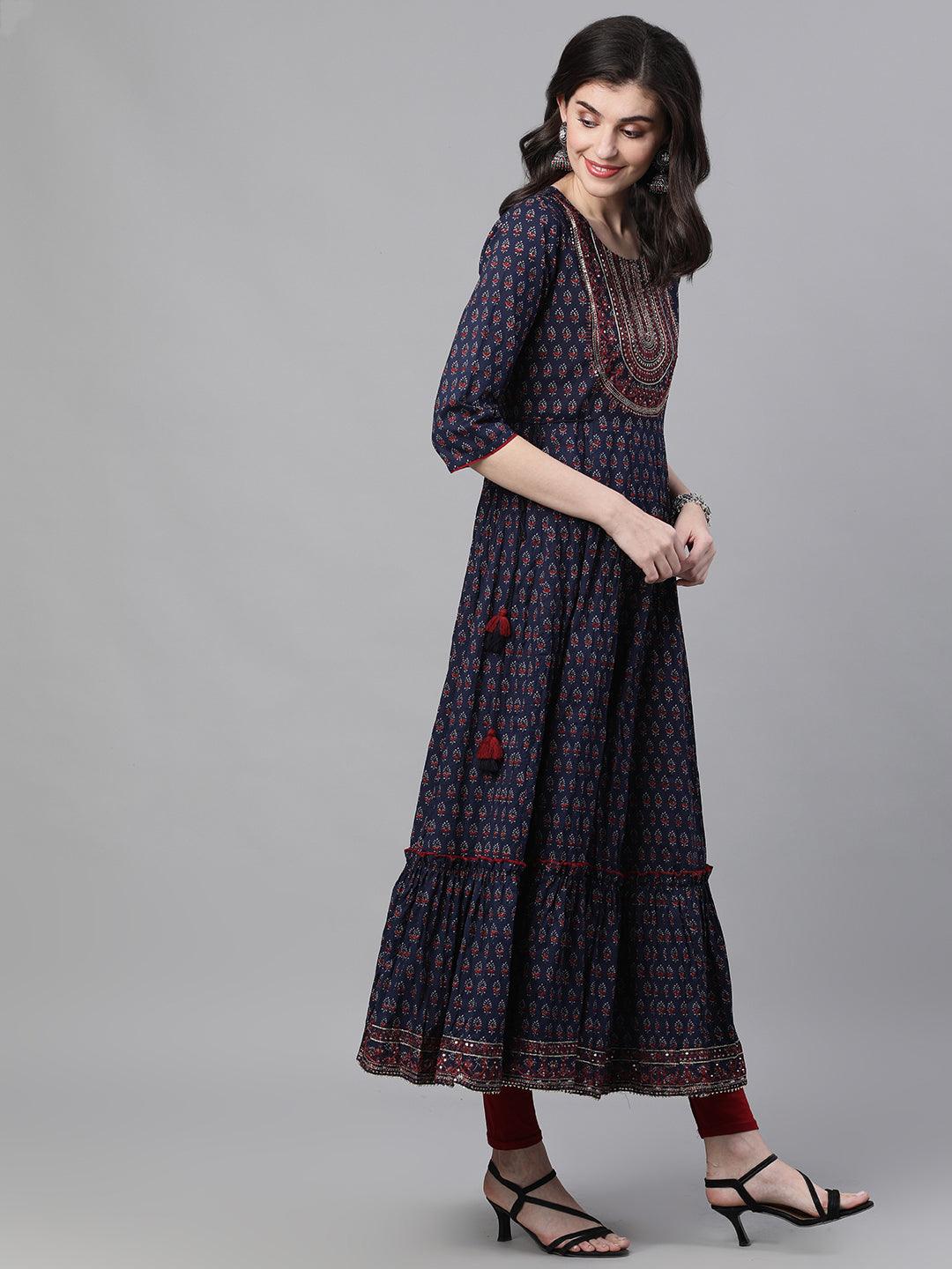 Women's Rayon Blue Yoke Design Embellished Anarkali Tiered Dress - Ishin - Indiakreations