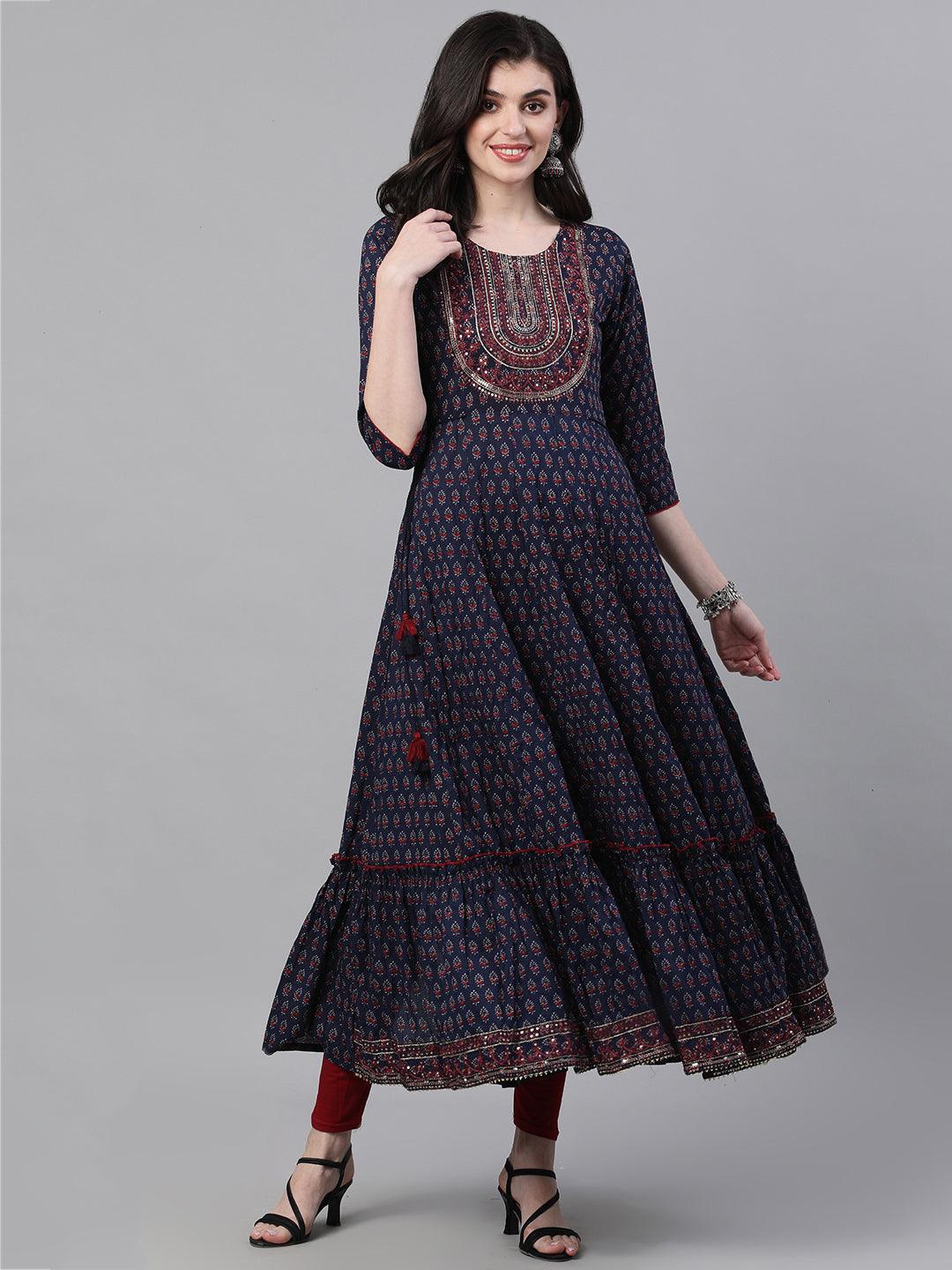 Women's Rayon Blue Yoke Design Embellished Anarkali Tiered Dress - Ishin - Indiakreations