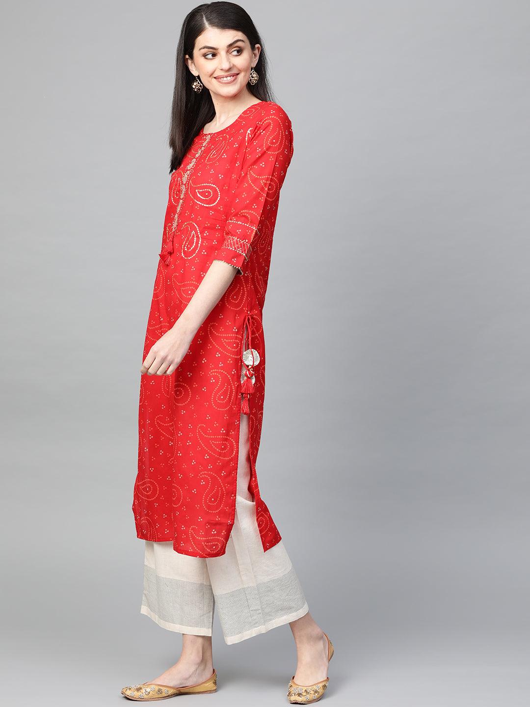 Women's Red Printed Kurta by Ishin- (1pc set) - Indiakreations