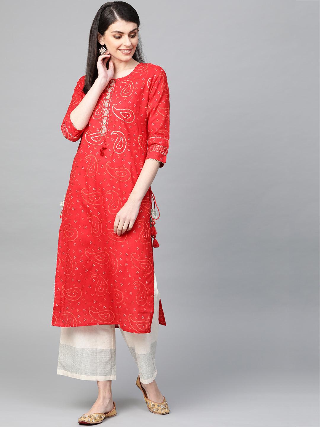 Women's Red Printed Kurta by Ishin- (1pc set) - Indiakreations