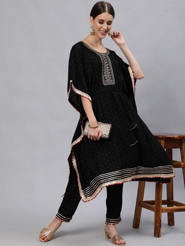 Women's Rayon Black Embroidered Kaftan Kurta Trouser Set - Ishin - Indiakreations