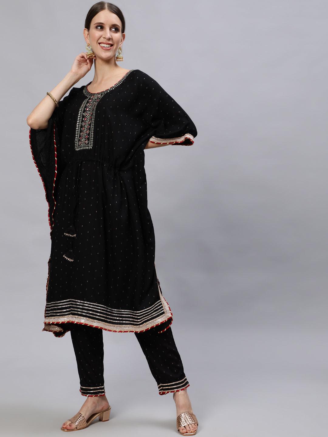 Women's Rayon Black Embroidered Kaftan Kurta Trouser Set - Ishin - Indiakreations