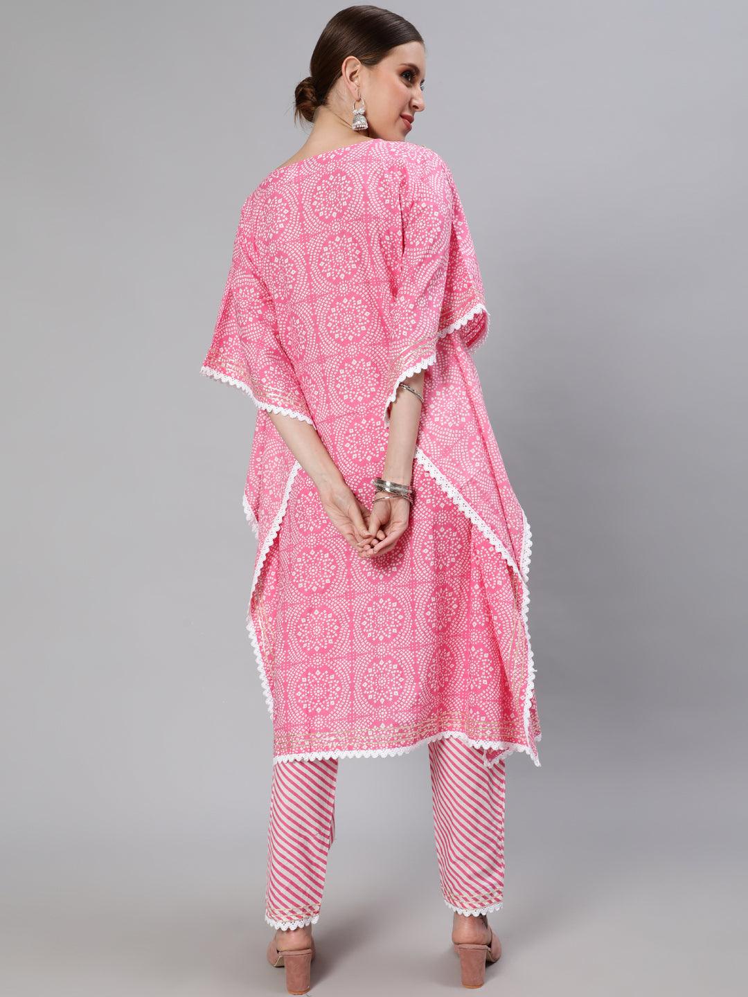 Women's Cotton Pink & White Embroidered Kaftan Kurta Trouser Set - Ishin - Indiakreations