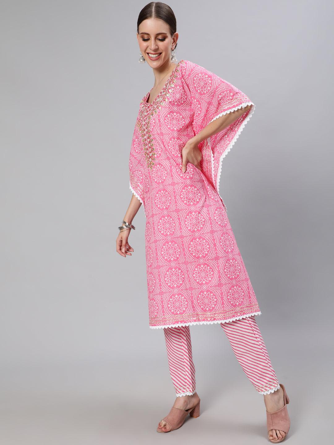 Women's Cotton Pink & White Embroidered Kaftan Kurta Trouser Set - Ishin - Indiakreations