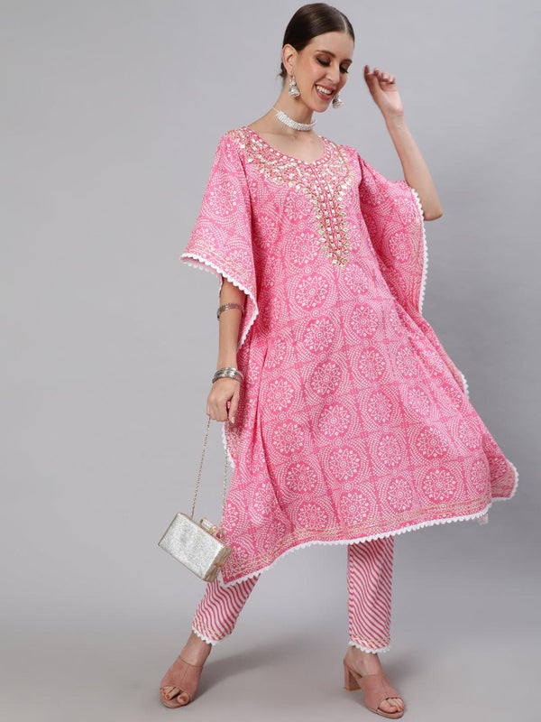 Women's Cotton Pink & White Embroidered Kaftan Kurta Trouser Set - Ishin - Indiakreations