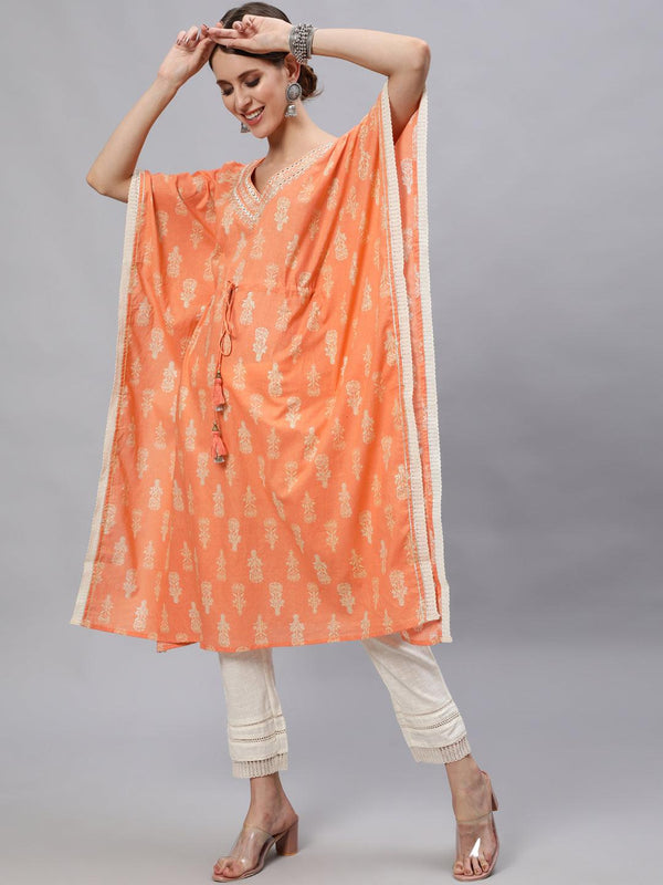 Women's Cotton Orange & White Yoke Embroidered Kaftan Kurta Trouser Set - Ishin - Indiakreations