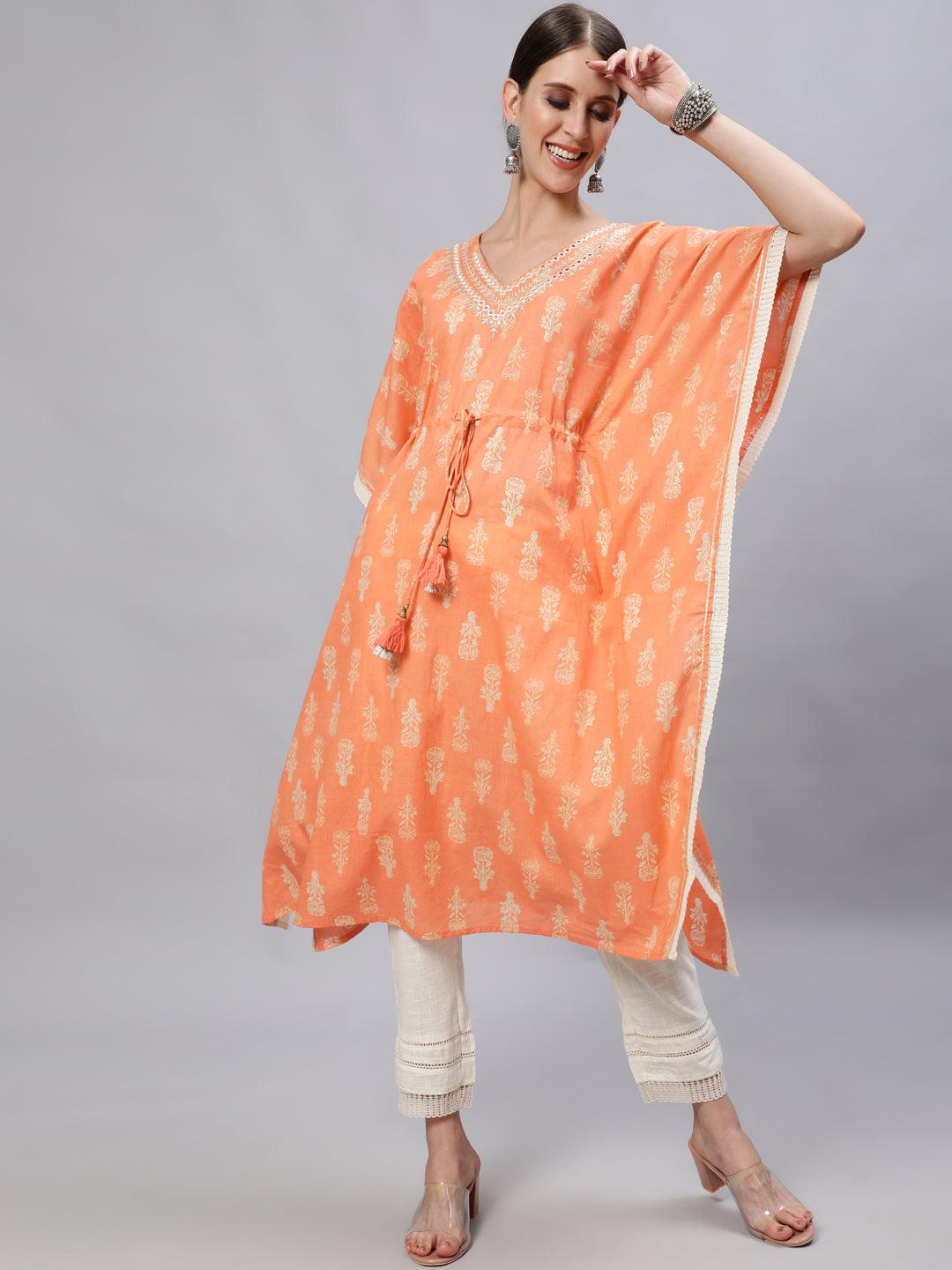 Women's Cotton Orange & White Yoke Embroidered Kaftan Kurta Trouser Set - Ishin - Indiakreations