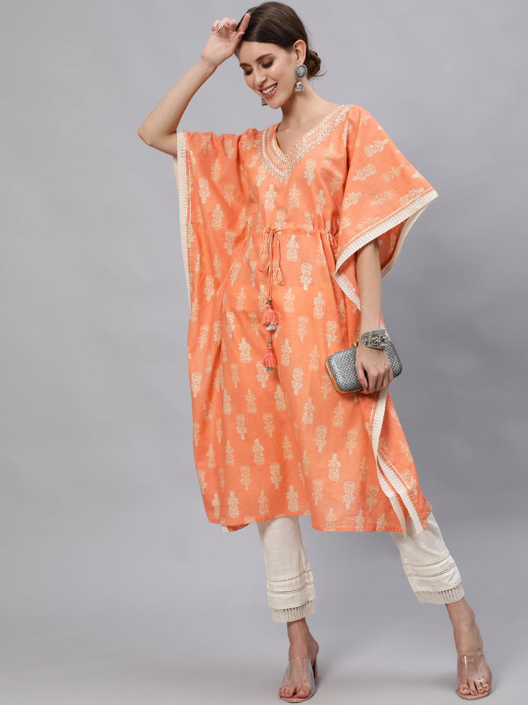 Women's Cotton Orange & White Yoke Embroidered Kaftan Kurta Trouser Set - Ishin - Indiakreations