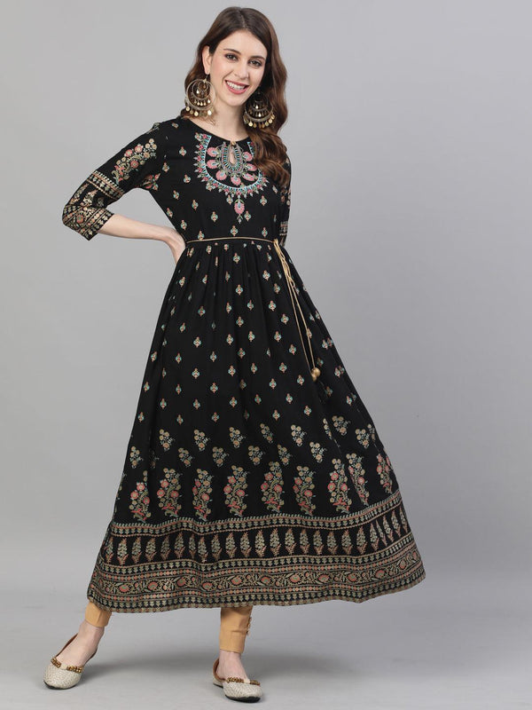 Women's Rayon Black Embroidered Anarkali Kurta - Ishin - Indiakreations