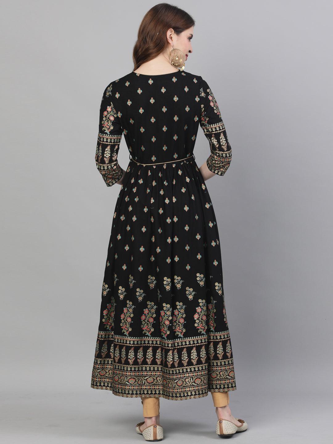 Women's Rayon Black Embroidered Anarkali Kurta - Ishin - Indiakreations