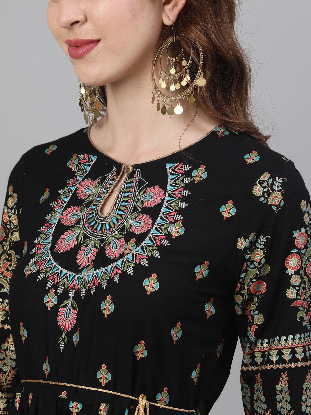 Women's Rayon Black Embroidered Anarkali Kurta - Ishin - Indiakreations