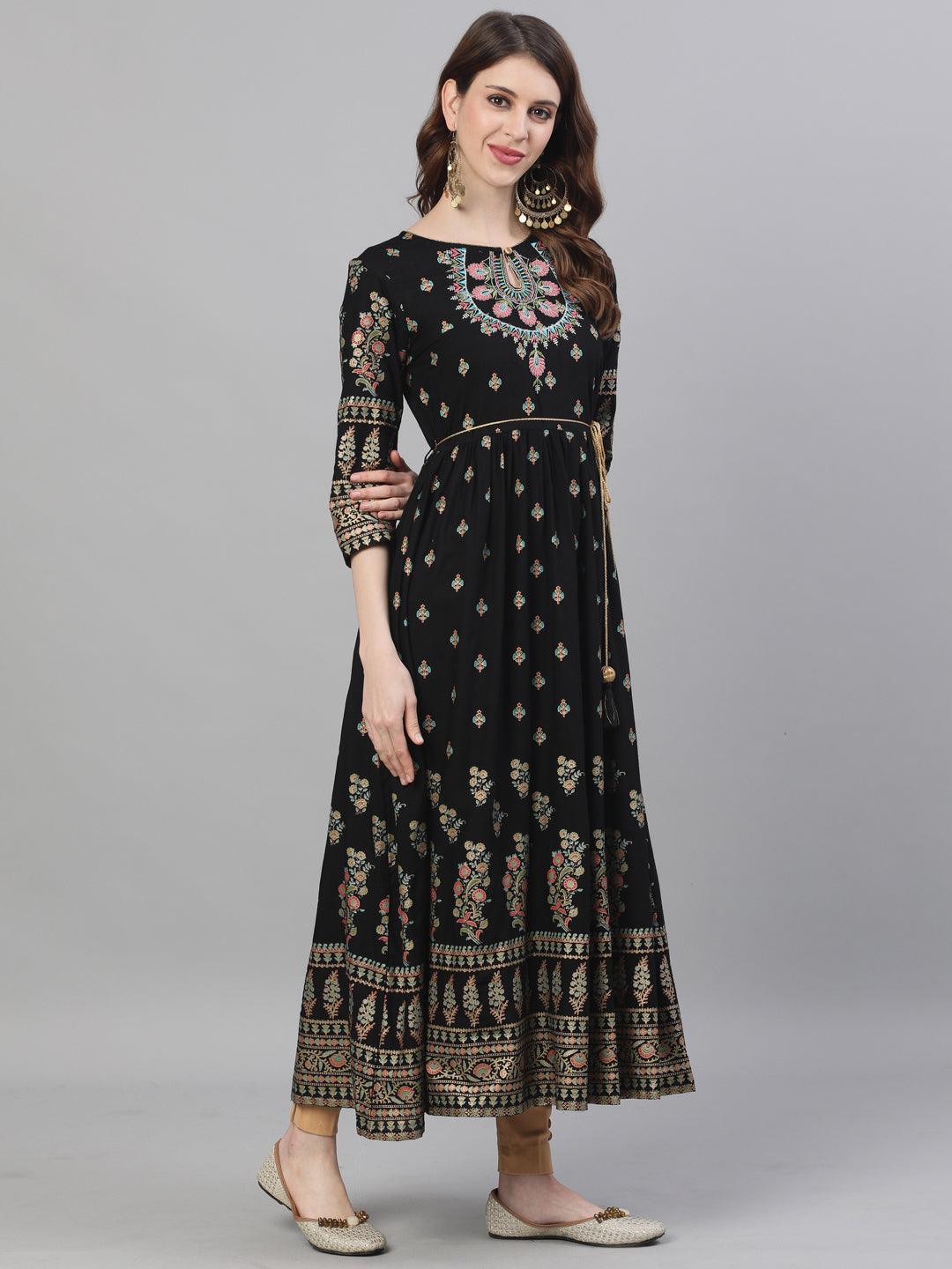 Women's Rayon Black Embroidered Anarkali Kurta - Ishin - Indiakreations