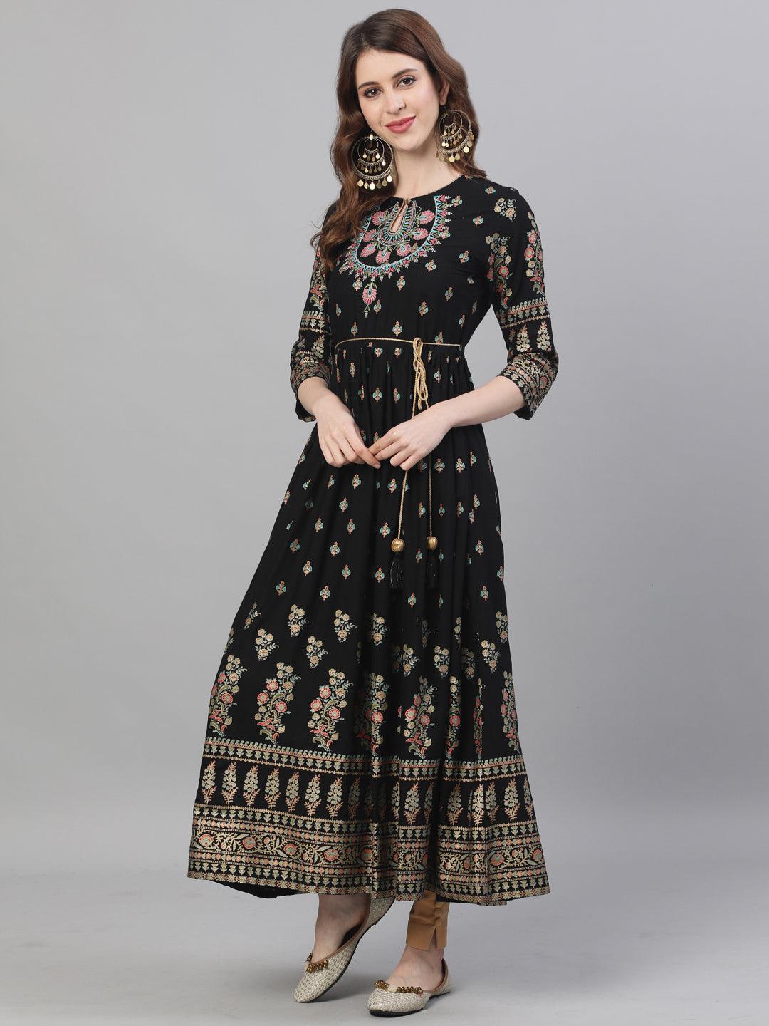 Women's Rayon Black Embroidered Anarkali Kurta - Ishin - Indiakreations