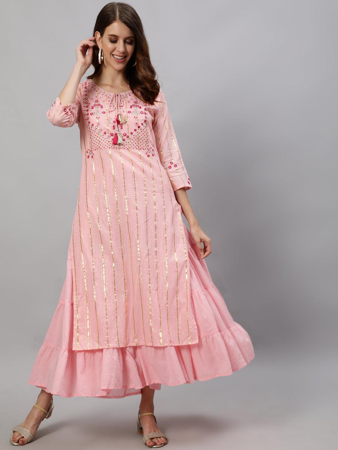 Women's Pink Zari Embroidered Kurta by Ishin- (1pc set) - Indiakreations