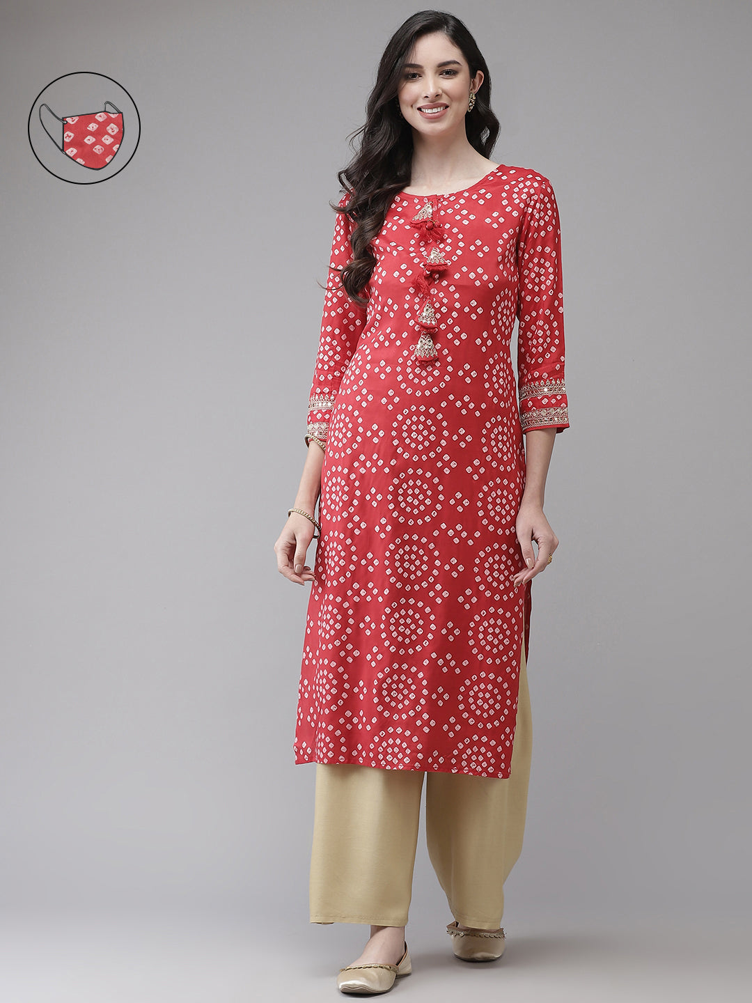 Women's Silk Blend Red Embroidered A-Line Bandhani Kurta - Ishin