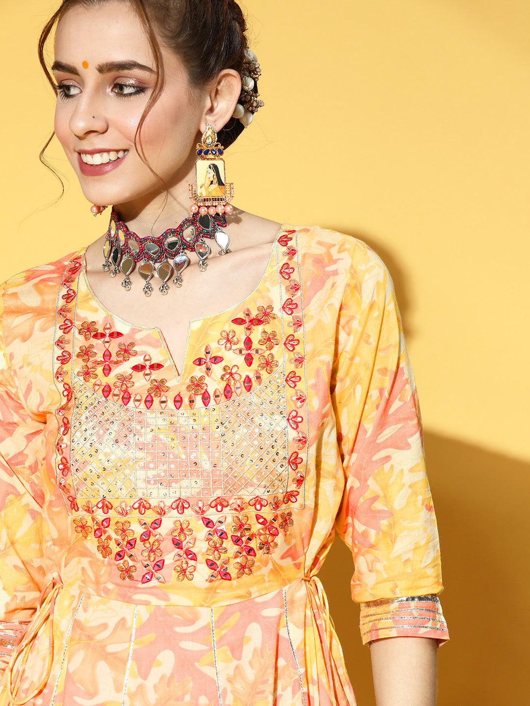 Women's Cotton Blend Yellow Embroidered Anarkali Kurta - Ishin - Indiakreations