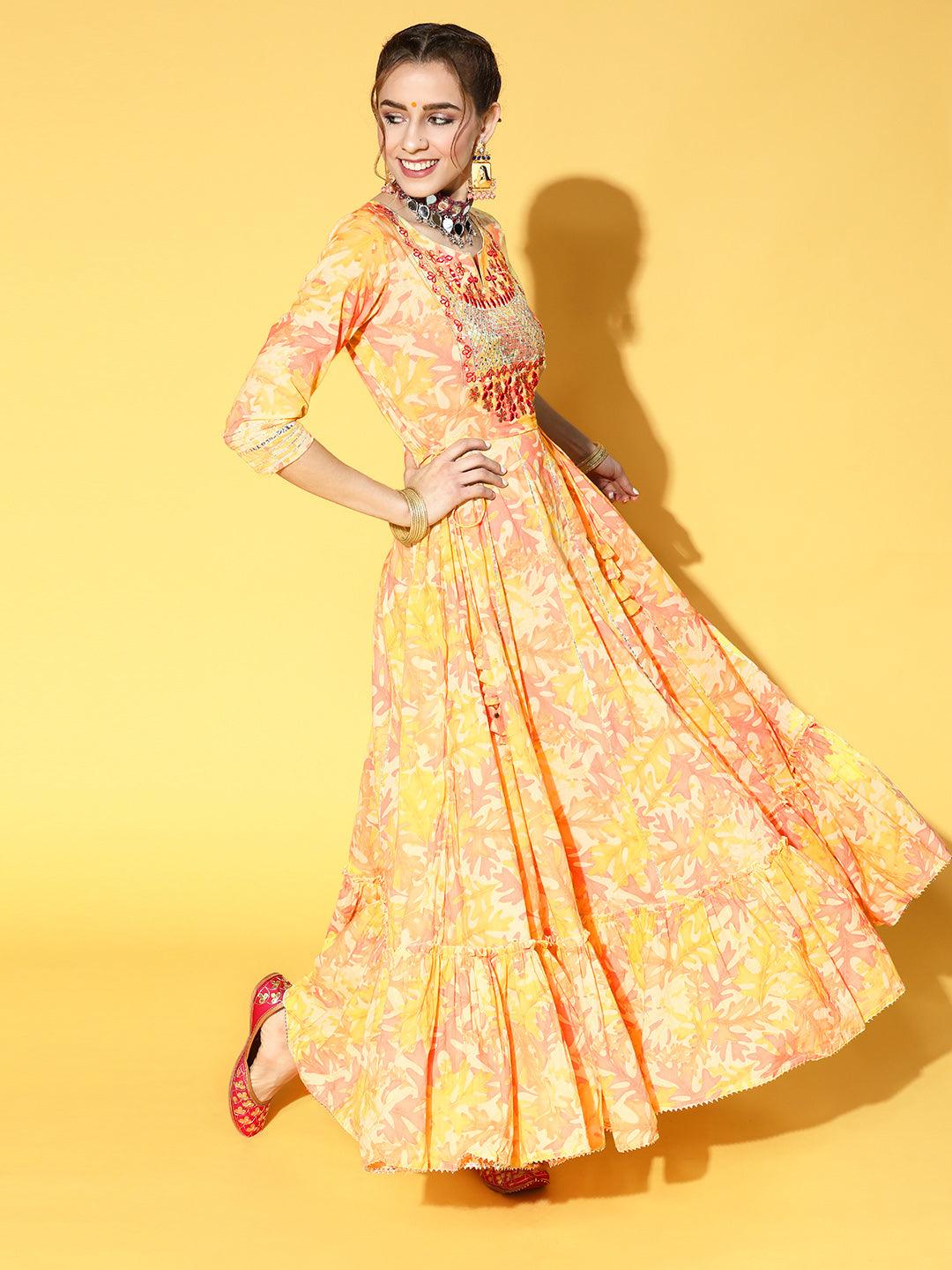 Women's Cotton Blend Yellow Embroidered Anarkali Kurta - Ishin - Indiakreations