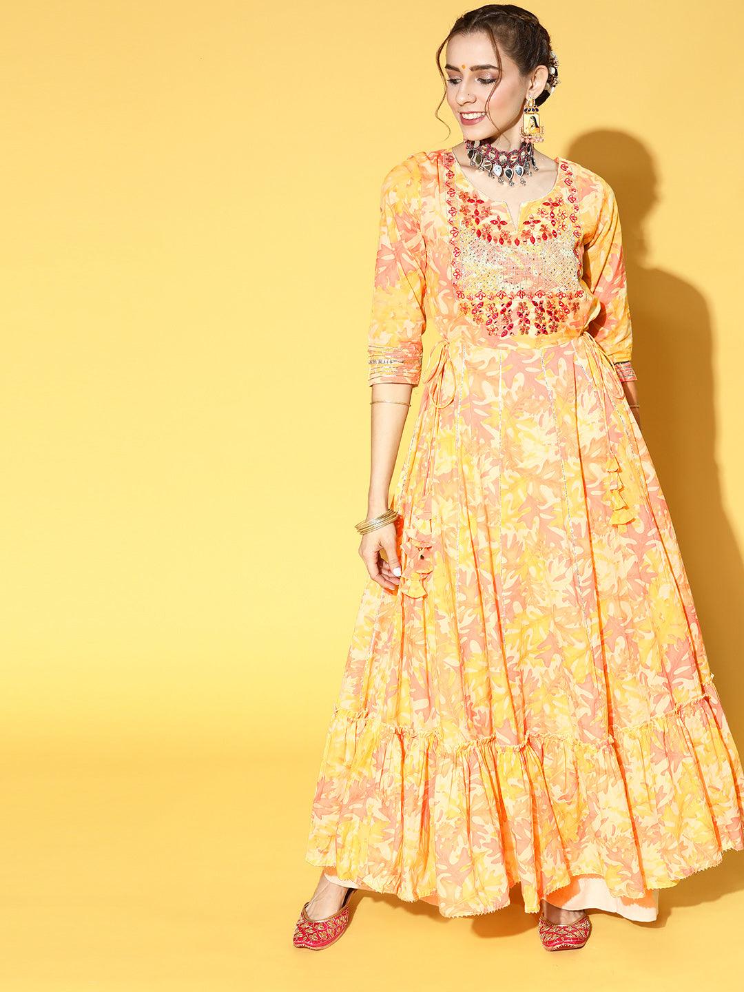 Women's Cotton Blend Yellow Embroidered Anarkali Kurta - Ishin - Indiakreations