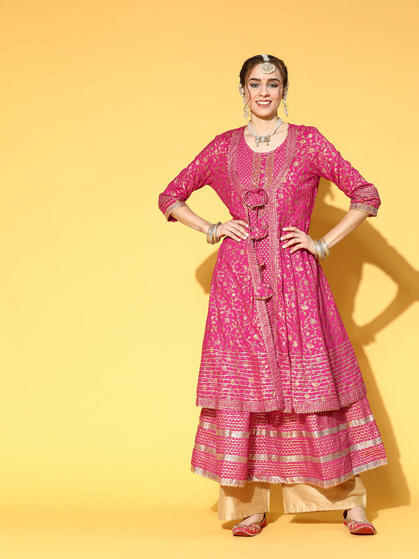 Women's Cotton Pink Embroidered Anarkali Kurta With Jacket - Ishin