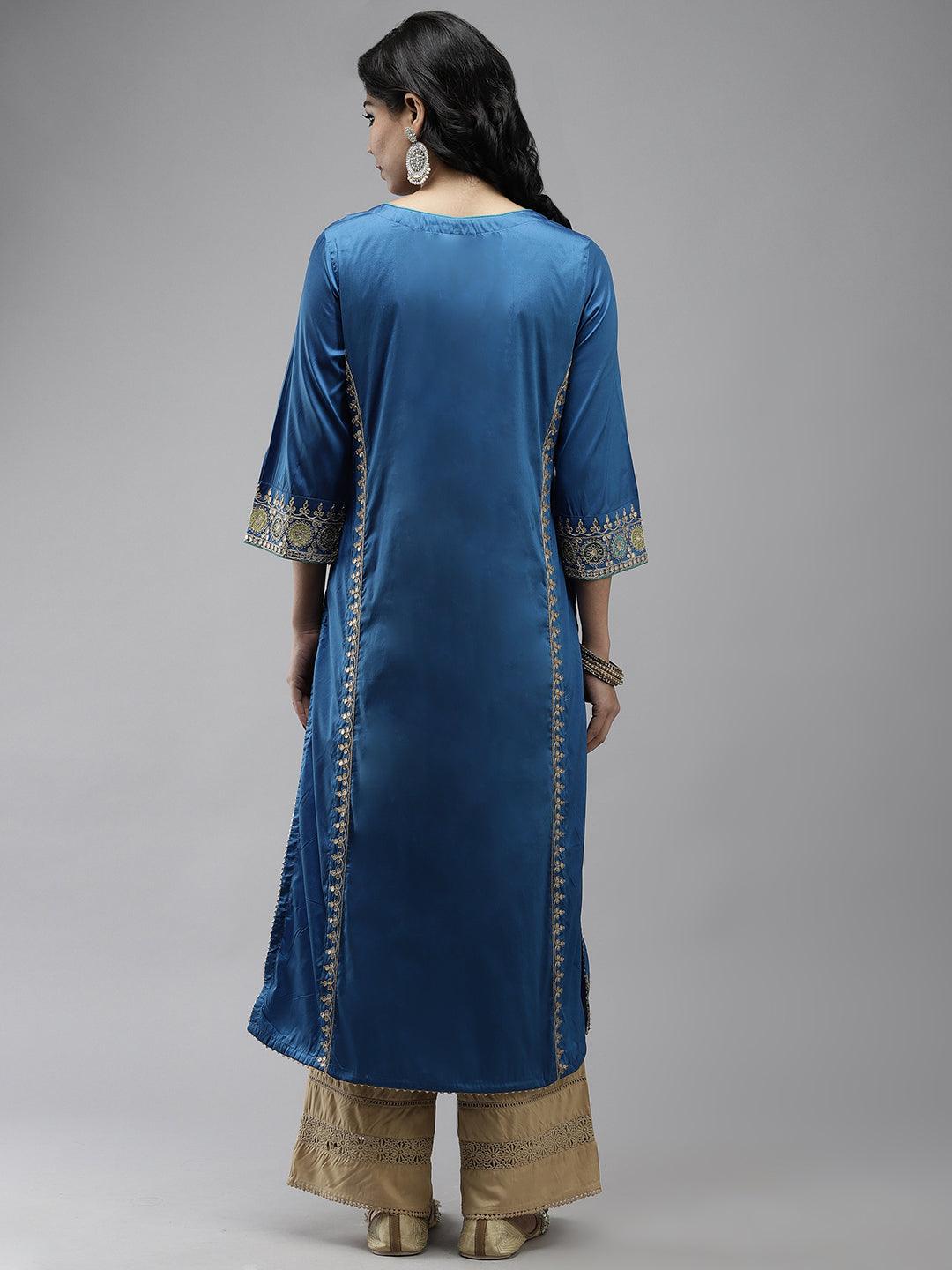 Women's Silk Blend Blue Embroidered A-Line Kurta - Ishin - Indiakreations