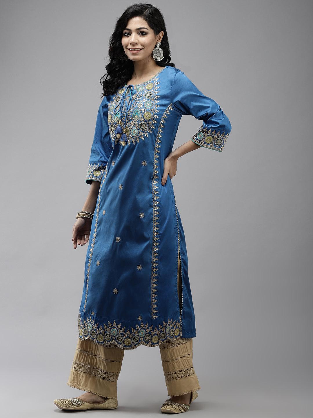 Women's Silk Blend Blue Embroidered A-Line Kurta - Ishin - Indiakreations