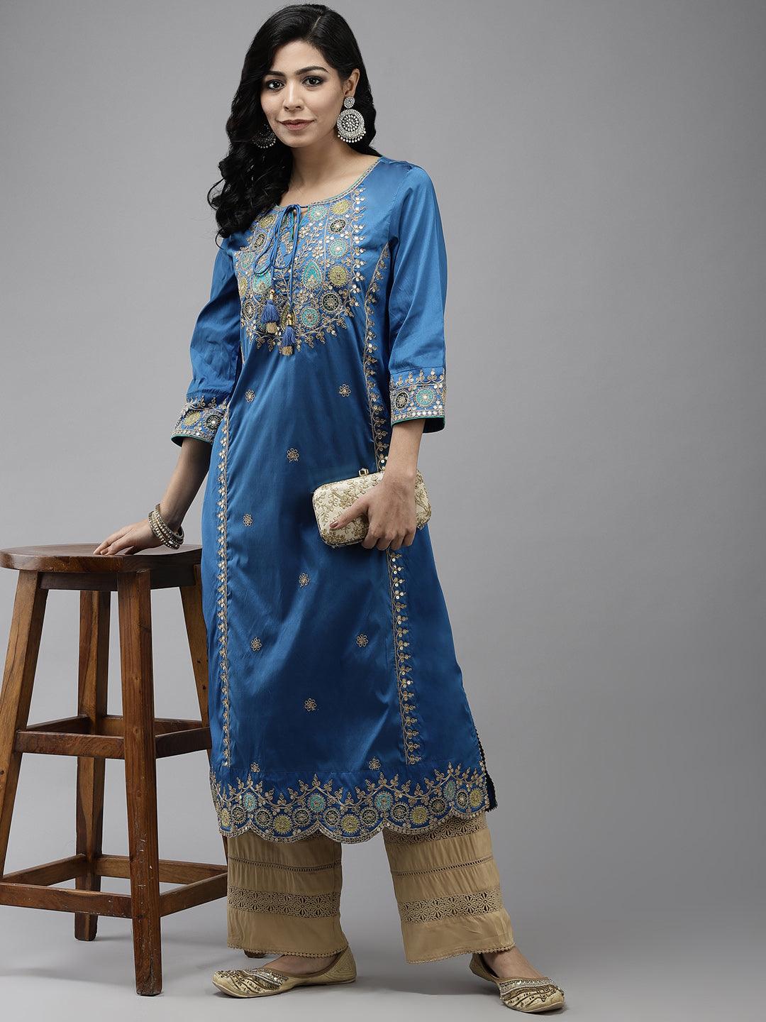 Women's Silk Blend Blue Embroidered A-Line Kurta - Ishin - Indiakreations