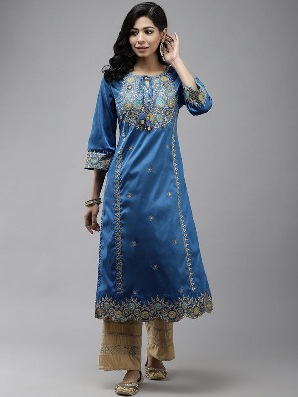 Women's Silk Blend Blue Embroidered A-Line Kurta - Ishin - Indiakreations