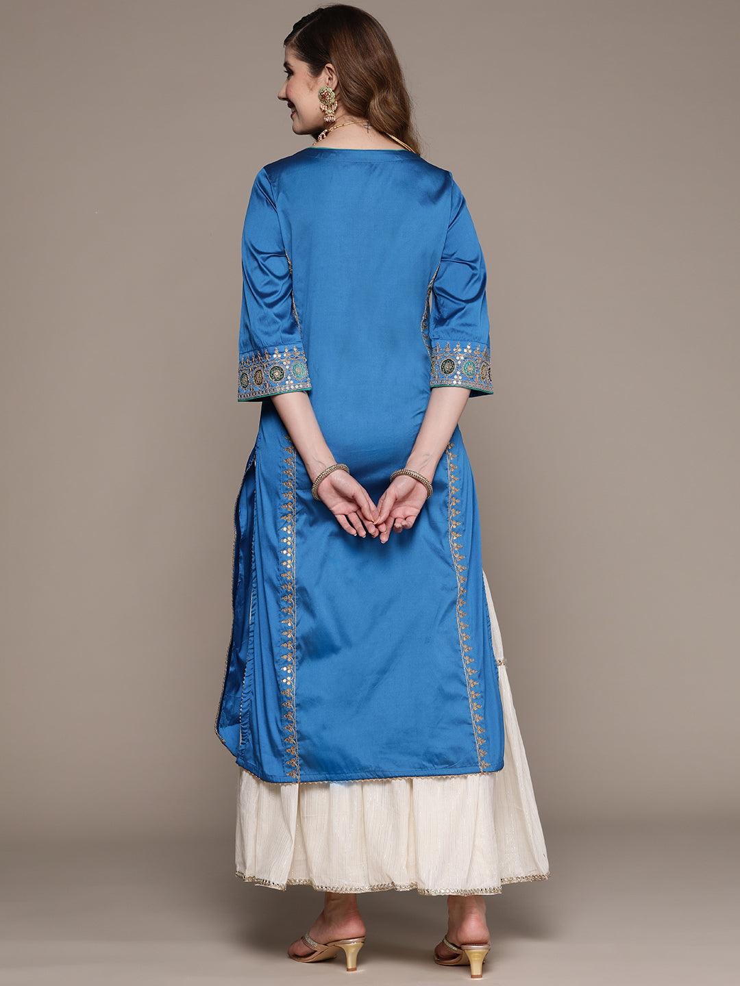 Women's Silk Blend Blue Embroidered A-Line Kurta - Ishin - Indiakreations