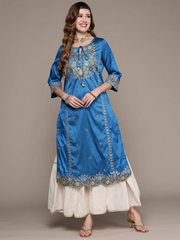 Women's Silk Blend Blue Embroidered A-Line Kurta - Ishin - Indiakreations