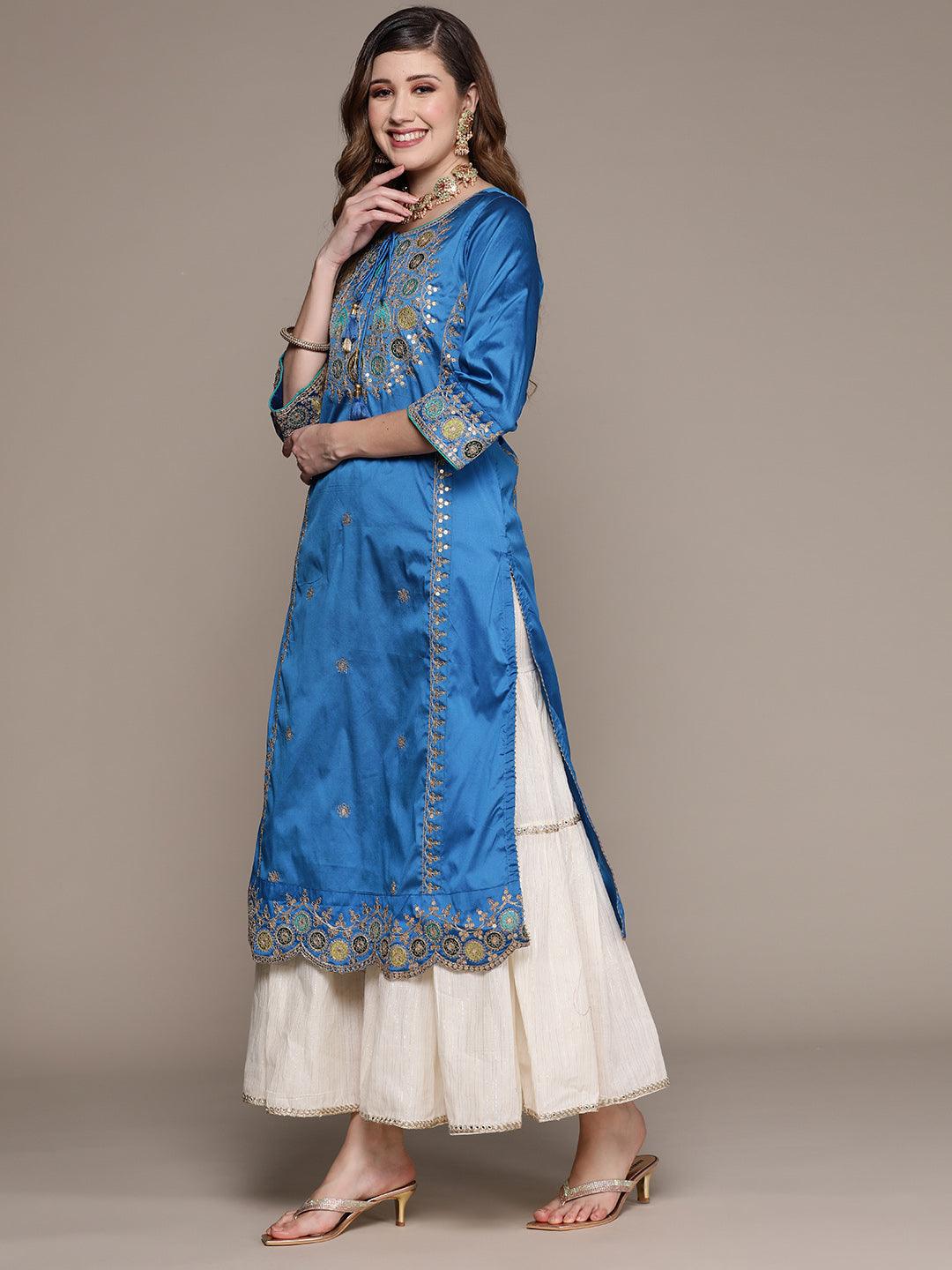 Women's Silk Blend Blue Embroidered A-Line Kurta - Ishin - Indiakreations