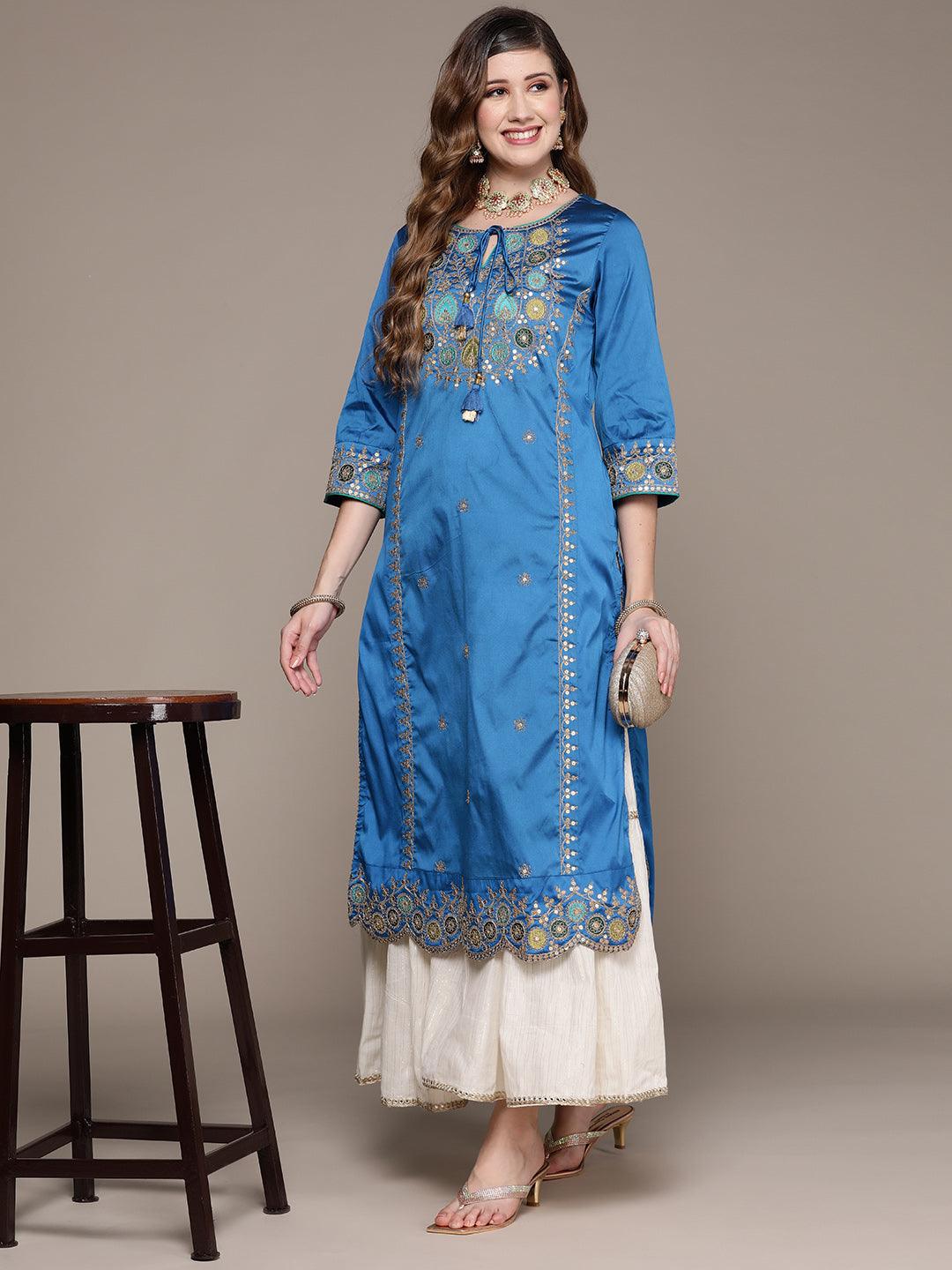 Women's Silk Blend Blue Embroidered A-Line Kurta - Ishin - Indiakreations