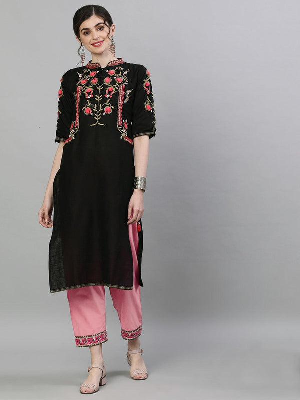 Women's Black & Pink Yoke Design Straight Kurta - Ishin - Indiakreations