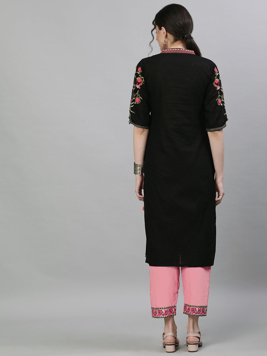 Women's Black & Pink Yoke Design Straight Kurta - Ishin - Indiakreations