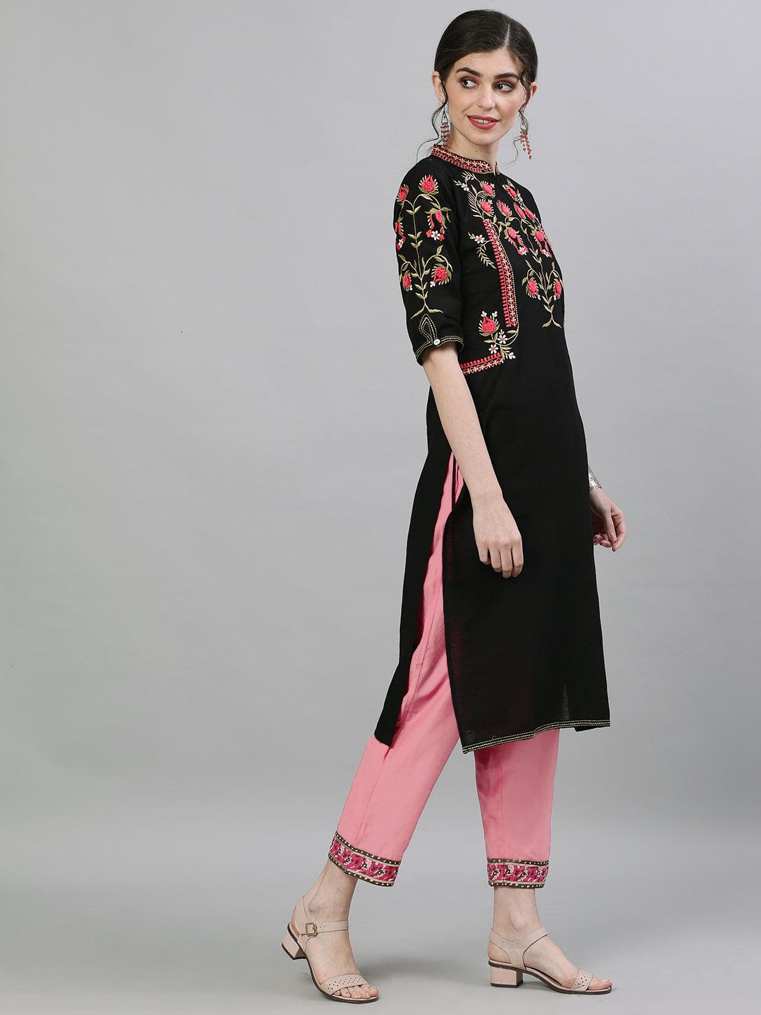 Women's Black & Pink Yoke Design Straight Kurta - Ishin - Indiakreations