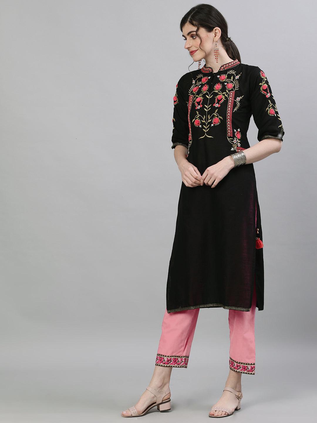 Women's Black & Pink Yoke Design Straight Kurta - Ishin - Indiakreations