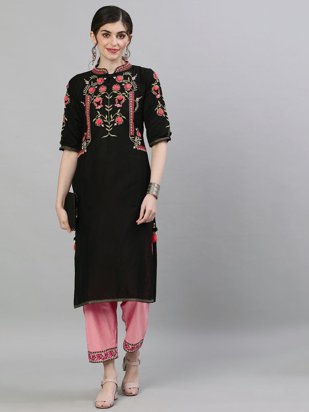 Women's Black & Pink Yoke Design Straight Kurta - Ishin - Indiakreations