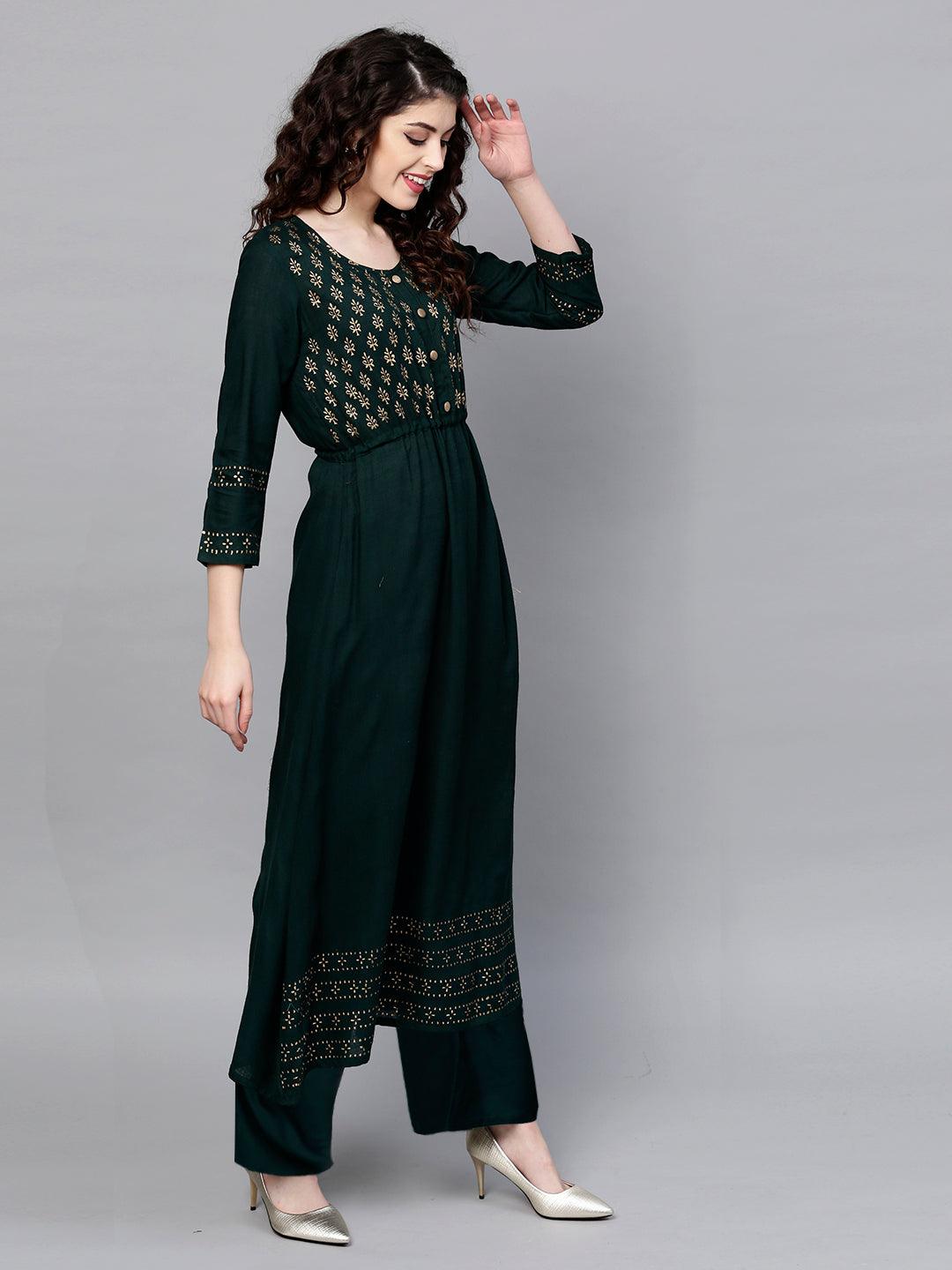 Women's Rayon Green Foil Printed Anarkali Kurta - Ishin - Indiakreations