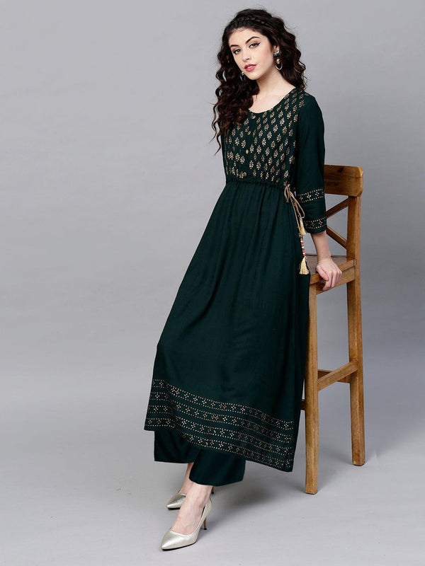 Women's Rayon Green Foil Printed Anarkali Kurta - Ishin - Indiakreations