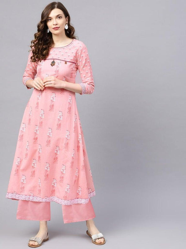 Women's Cotton Pink Printed Anarkali Kurta - Ishin - Indiakreations