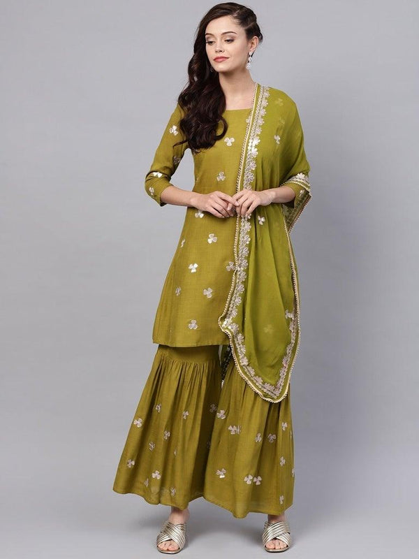 Women's Rayon Green Embellished A-Line Kurta Sharara Dupatta Set - Ishin - Indiakreations